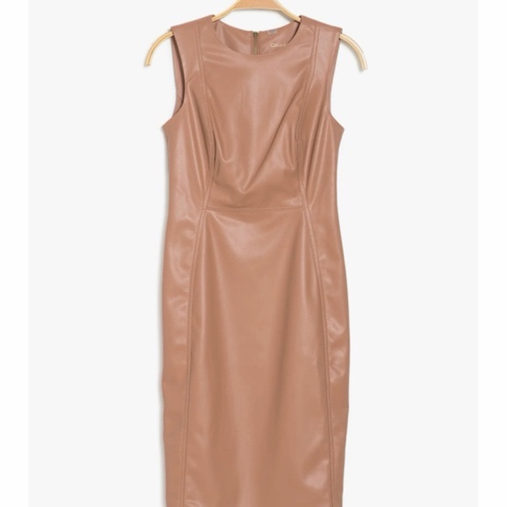 NWT Calvin Klein Tan Sleeveless Leather Dress